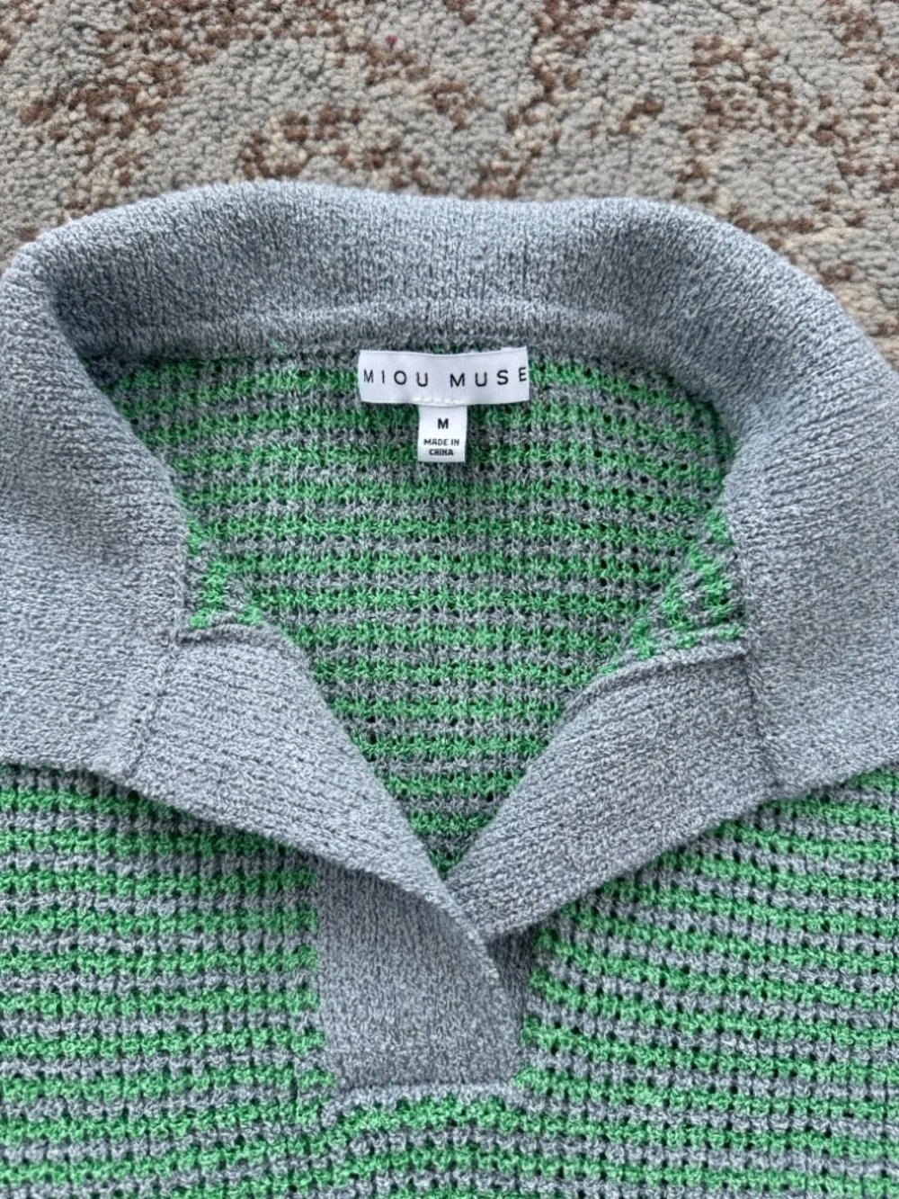 MIOU MUSE Collared Knit Top Green Blue Medium